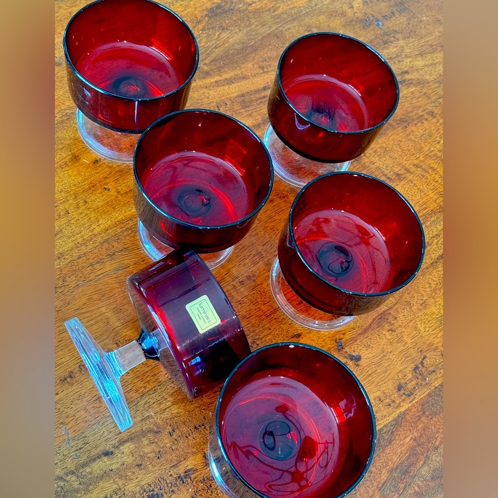 Six Vintage Luminarc France Ruby Red Clear Stem Sherbet/ Dessert Bowls/Glasses